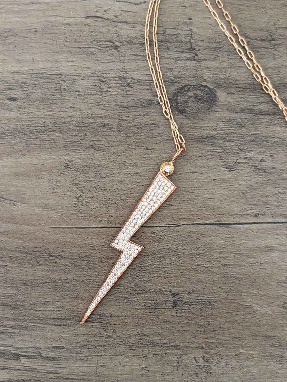Henri Bendel Rose Gold Lightning Bolt Pendant Necklace with Crystal Pavé